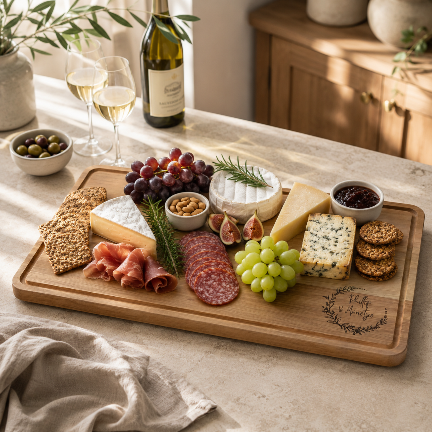 Personalised hardwood cheeseboard with engraved names and grazing food