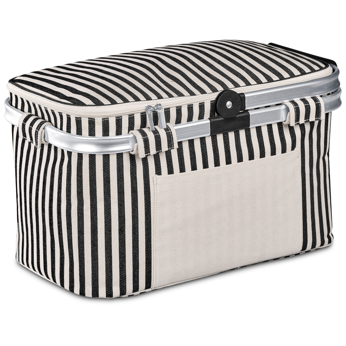 30L picnic basket and cooler with black and cream striped exterior, insulated with and front pocket