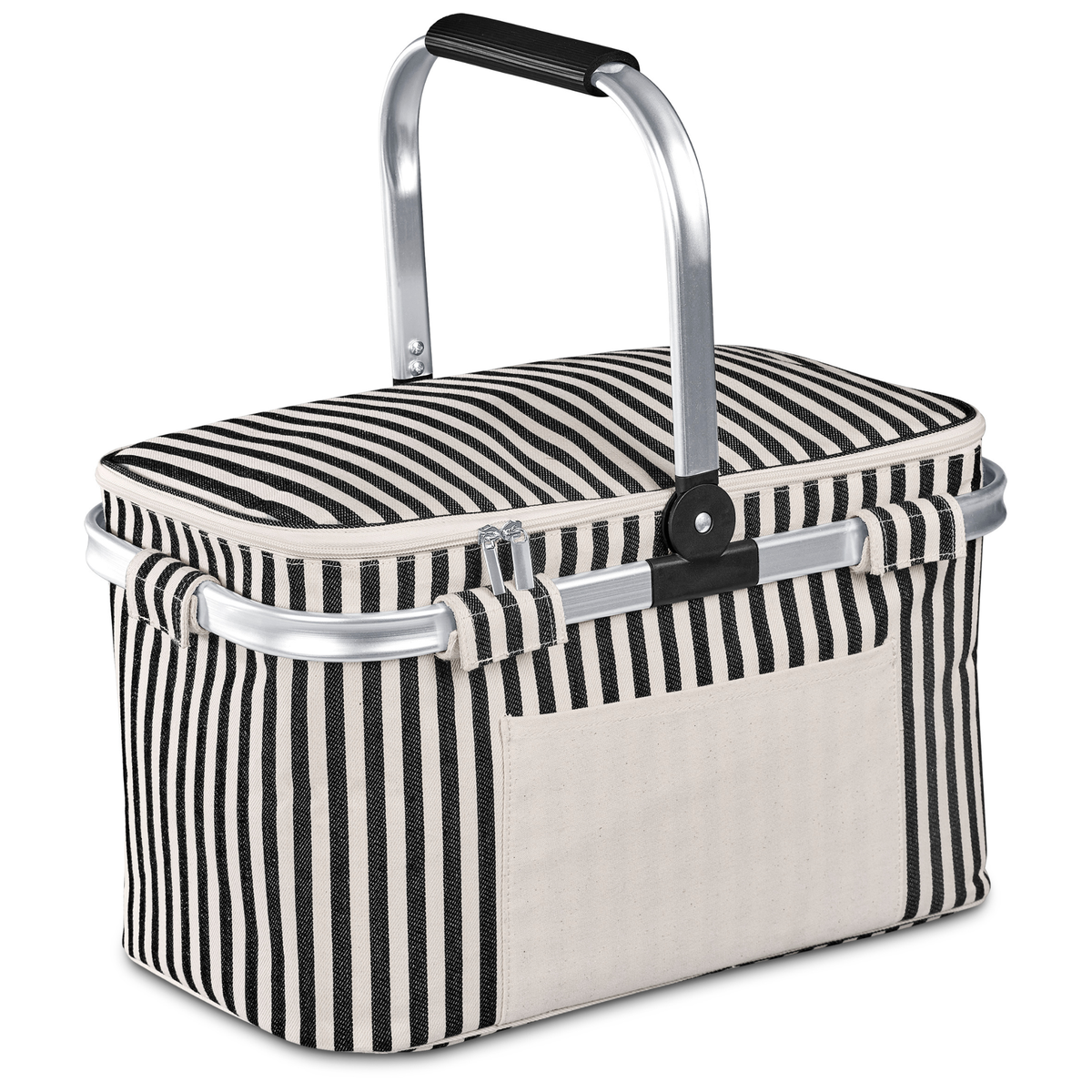 30L picnic basket and cooler with black and cream striped exterior, insulated with front pocket