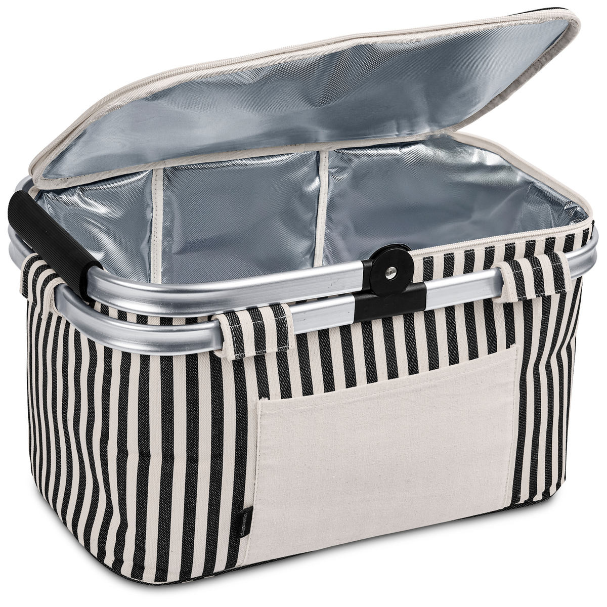 30L picnic basket and cooler open showing insulated interior and black and cream striped exterior