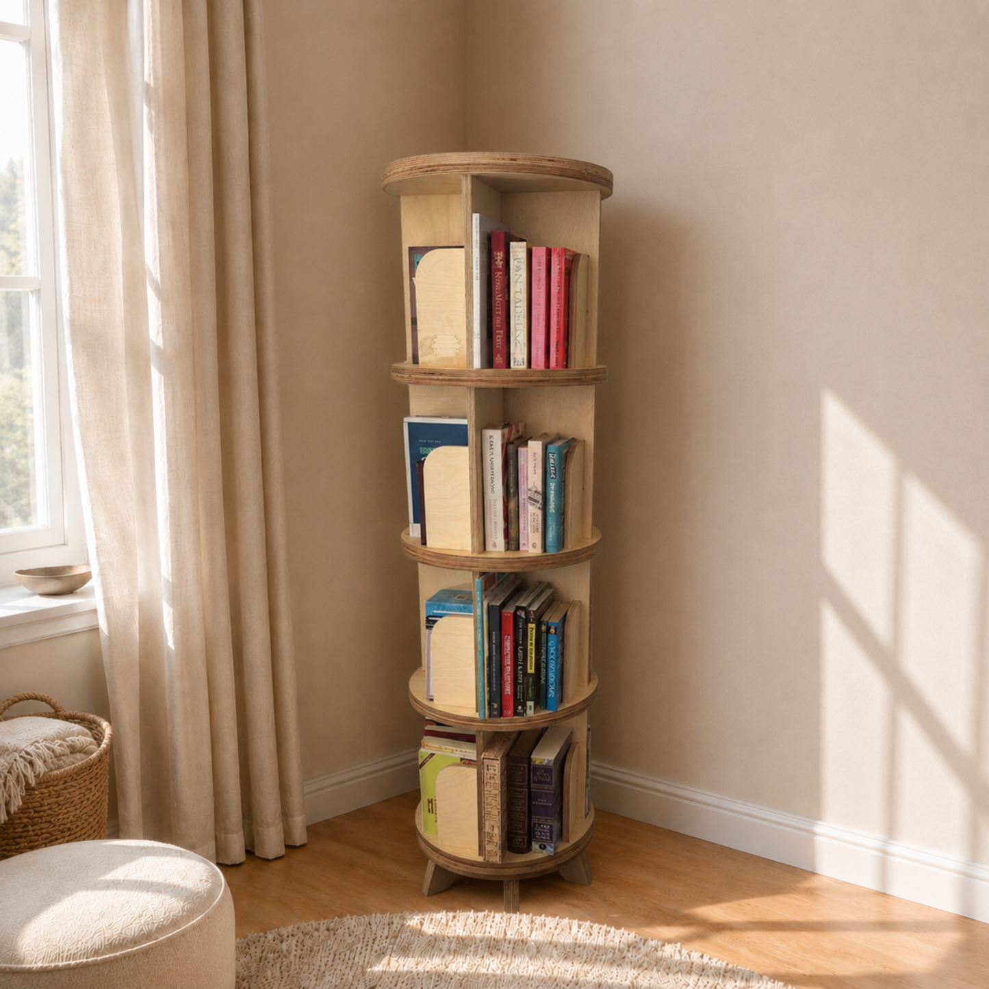 4-tier revolving bookshelf in natural birch plywood with 360-degree rotating storage for books