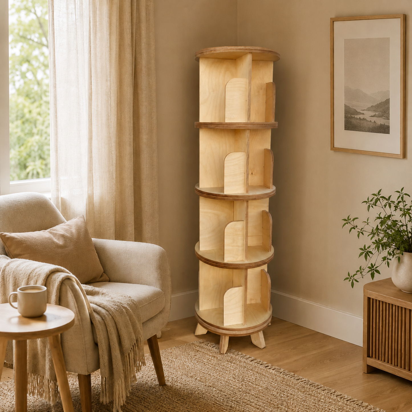 Empty 4-tier rotating bookcase handcrafted from natural birch plywood showing the revolving shelf design