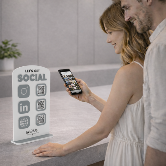custom acrylic social media qr code sign on reception desk