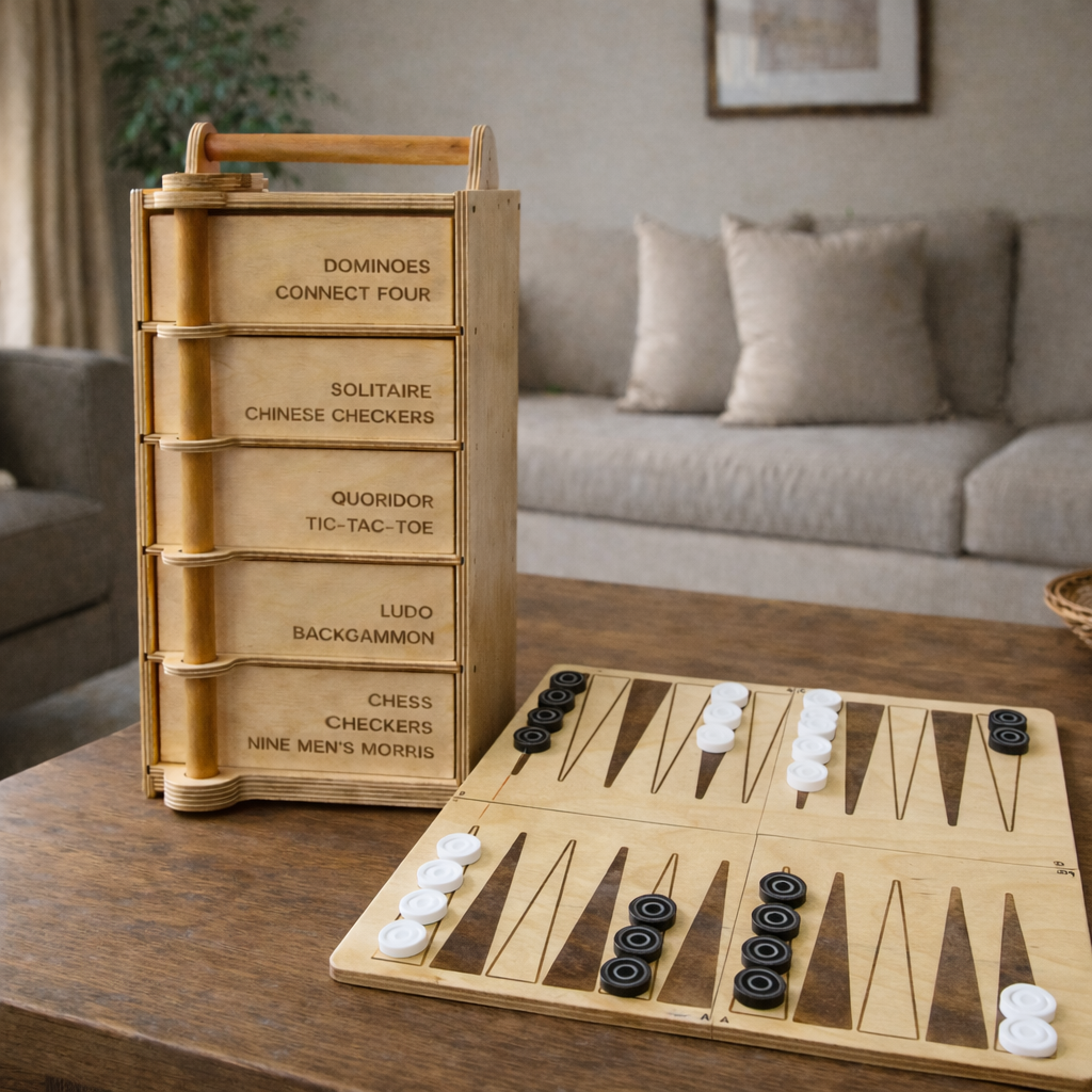 Wooden game set with various games on a table in a living room.