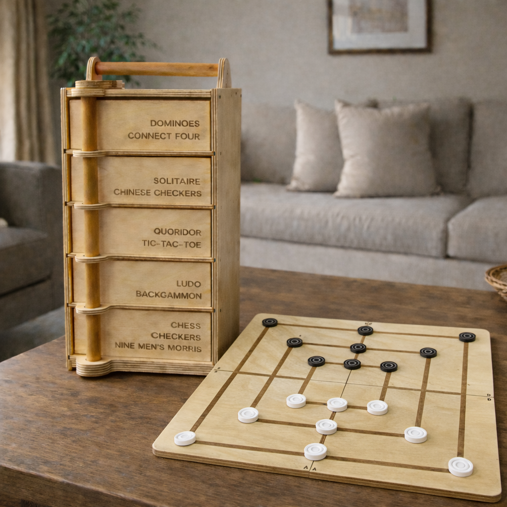 Wooden game set with various games on a table in a living room.