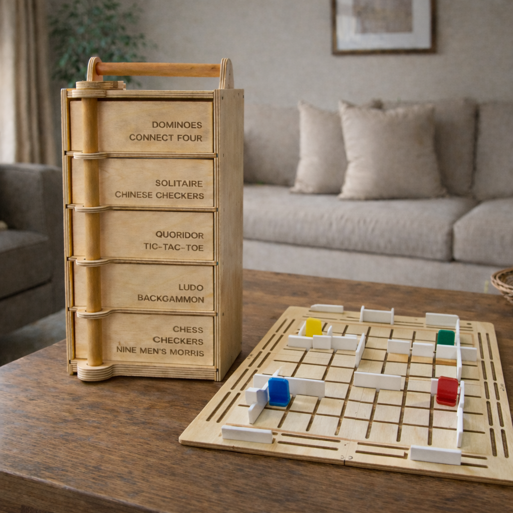 Games Tower – All-in-One Wooden Board Games Set with Quoridor