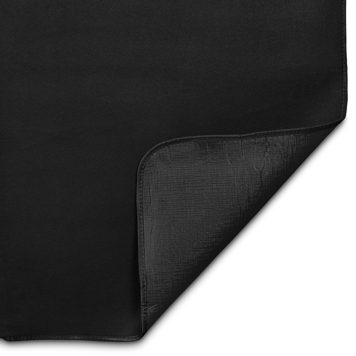 Close-up of black picnic blanket showing soft fleece top and water-resistant backing