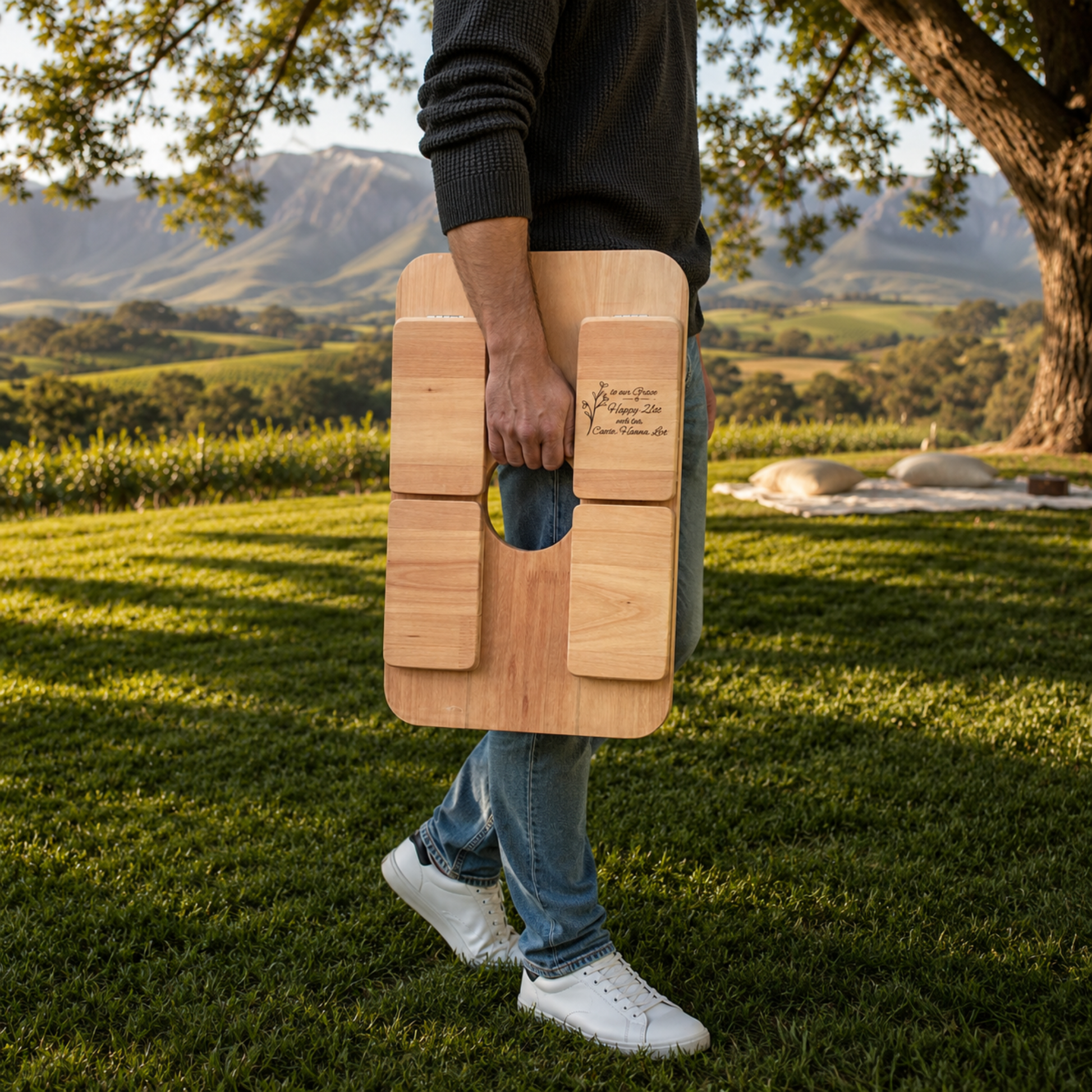 Person carrying a folded personalised picnic table using the integrated carry opening for easy transport.