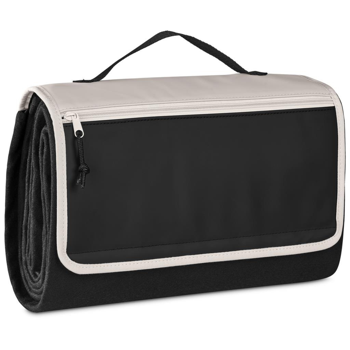 Large black picnic blanket folded into compact carry format with handle and zipped front pocket