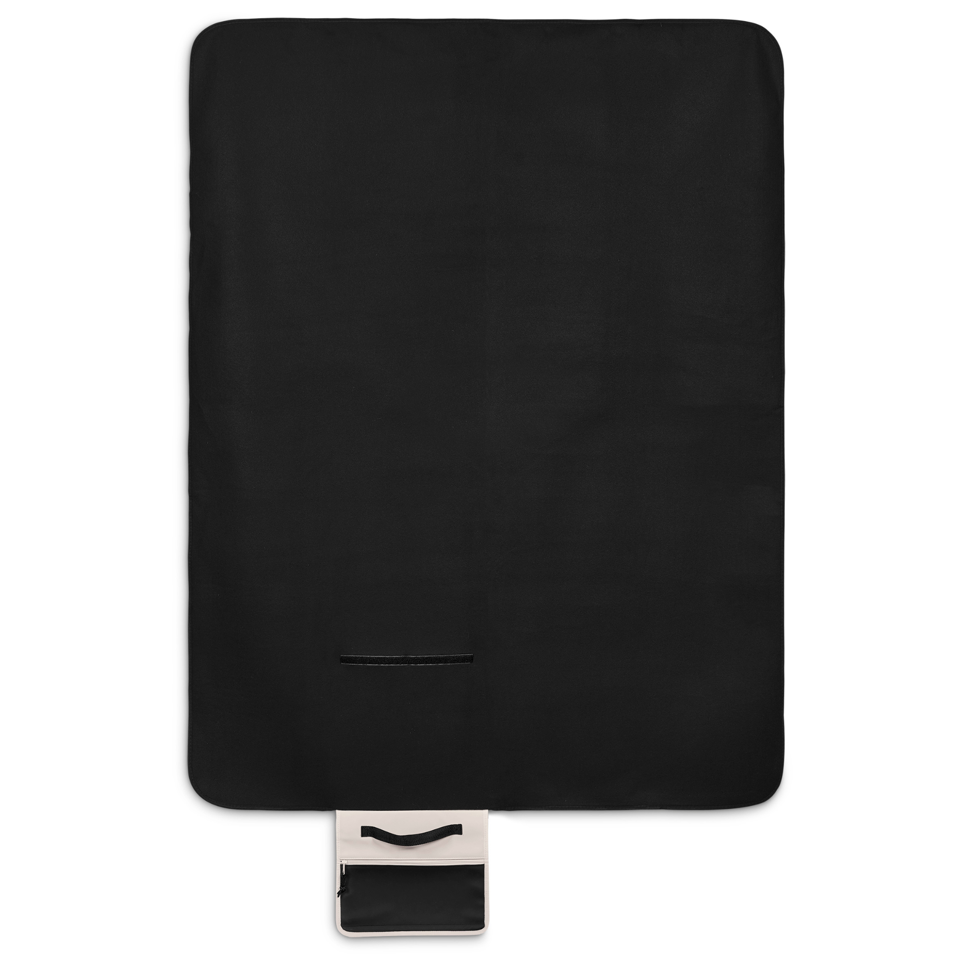 Large black picnic blanket fully opened with built-in carry handle and front zipped pocket