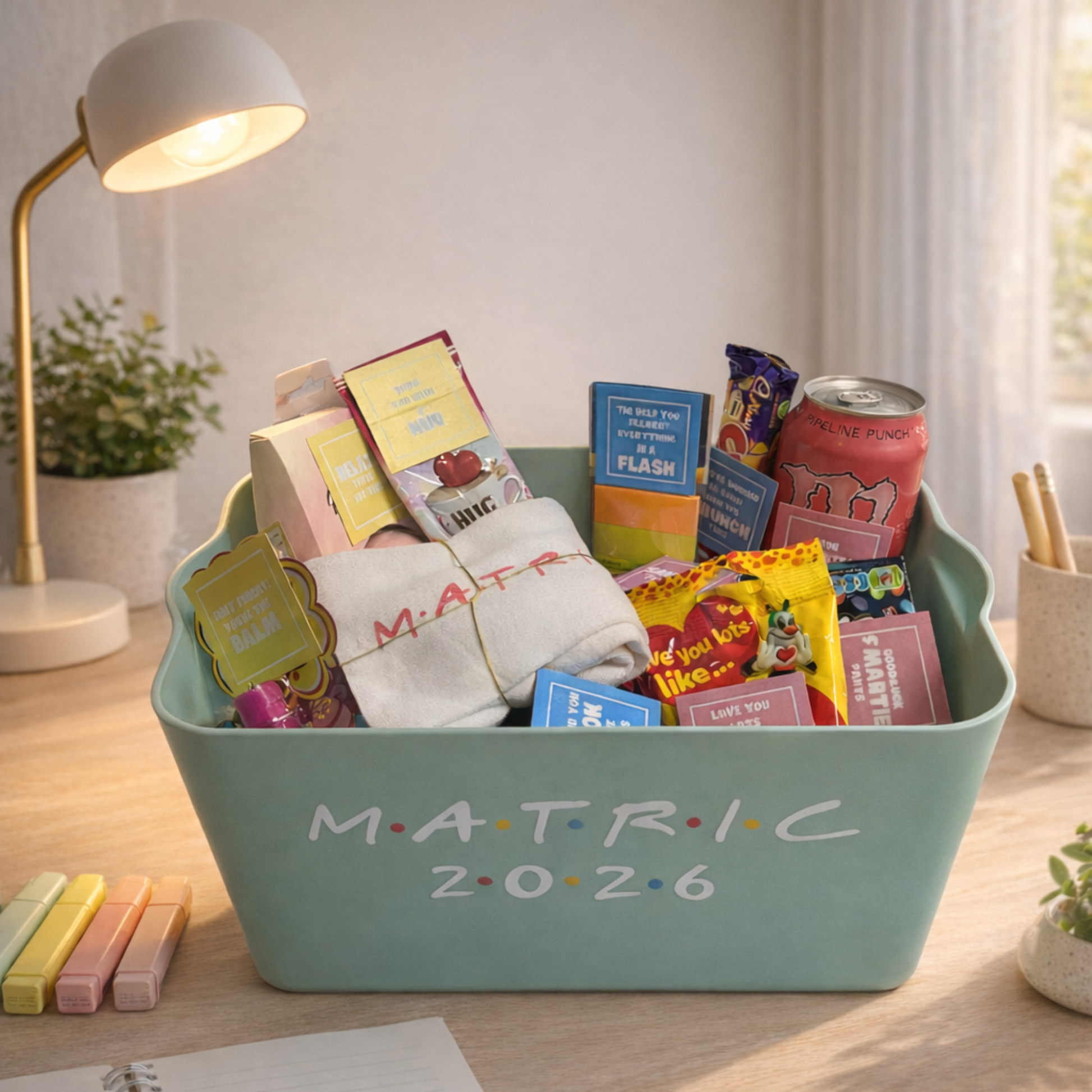Gift basket labeled 'Matric 2026' filled with stationery and snacks on a desk.