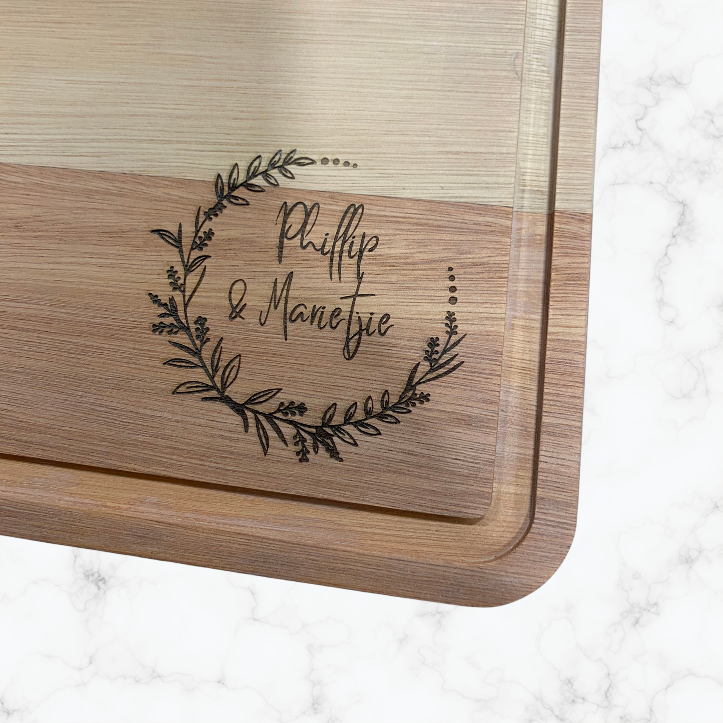 Custom laser engraving on personalised Endura Grandis hardwood cheeseboard