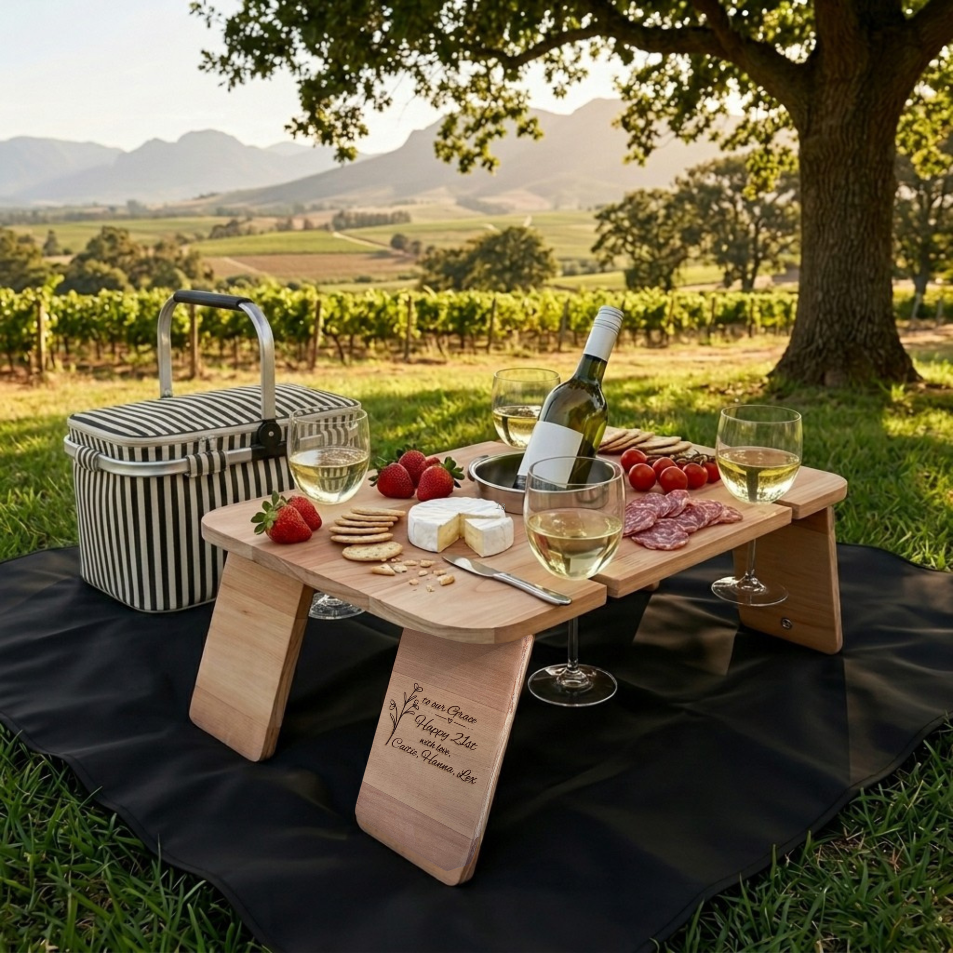 Personalised wooden foldable picnic table with wine holder, picnic blanket and insulated picnic basket 