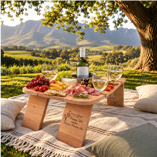 Personalised wooden picnic table with wine and grazing food in the Cape Winelands