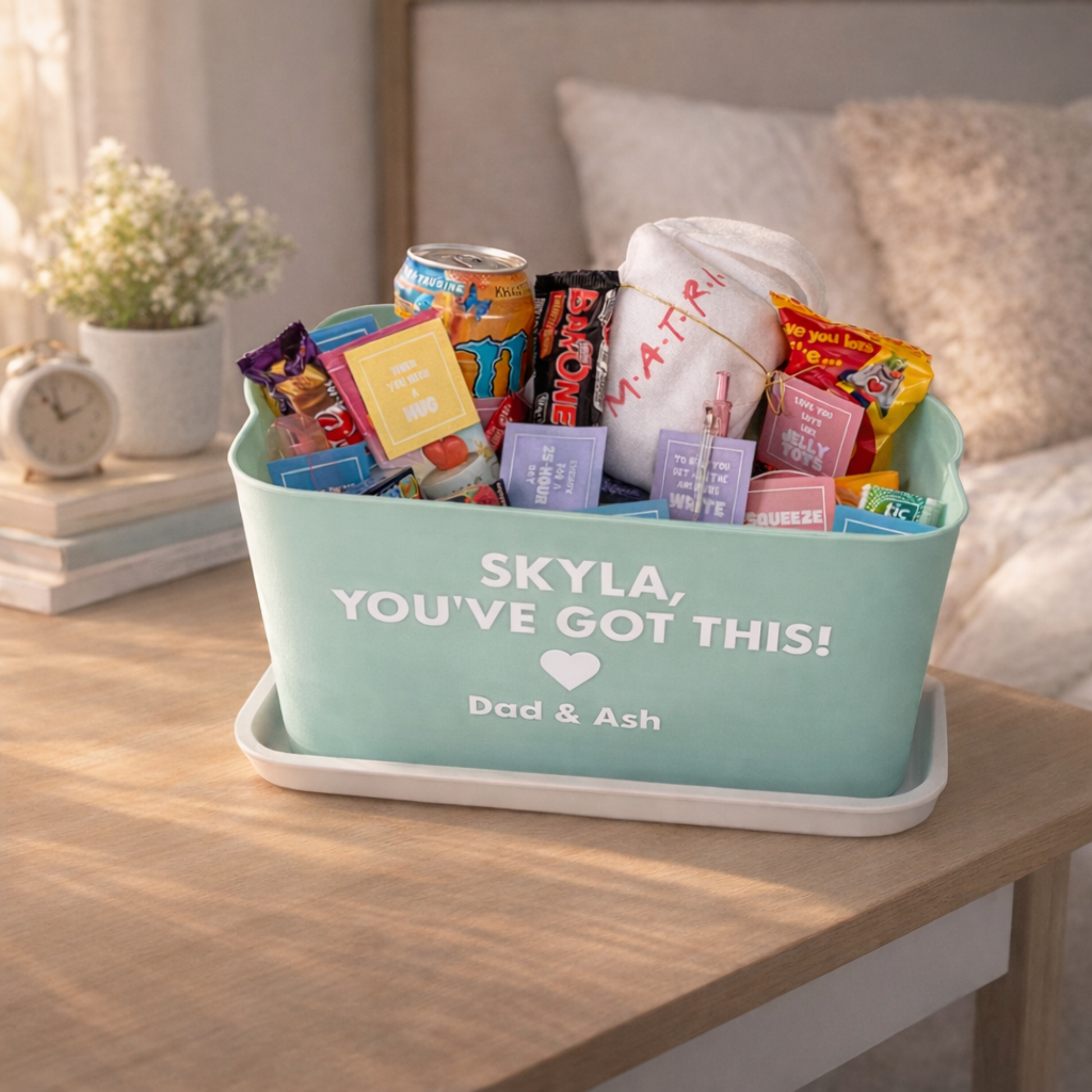 Personalised Matric Exam Survival Kit with student name and gift message on the box