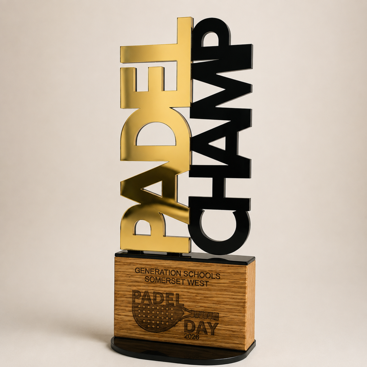 Large personalised Padel CHAMP trophy in mirror gold and black acrylic with engraved wooden base