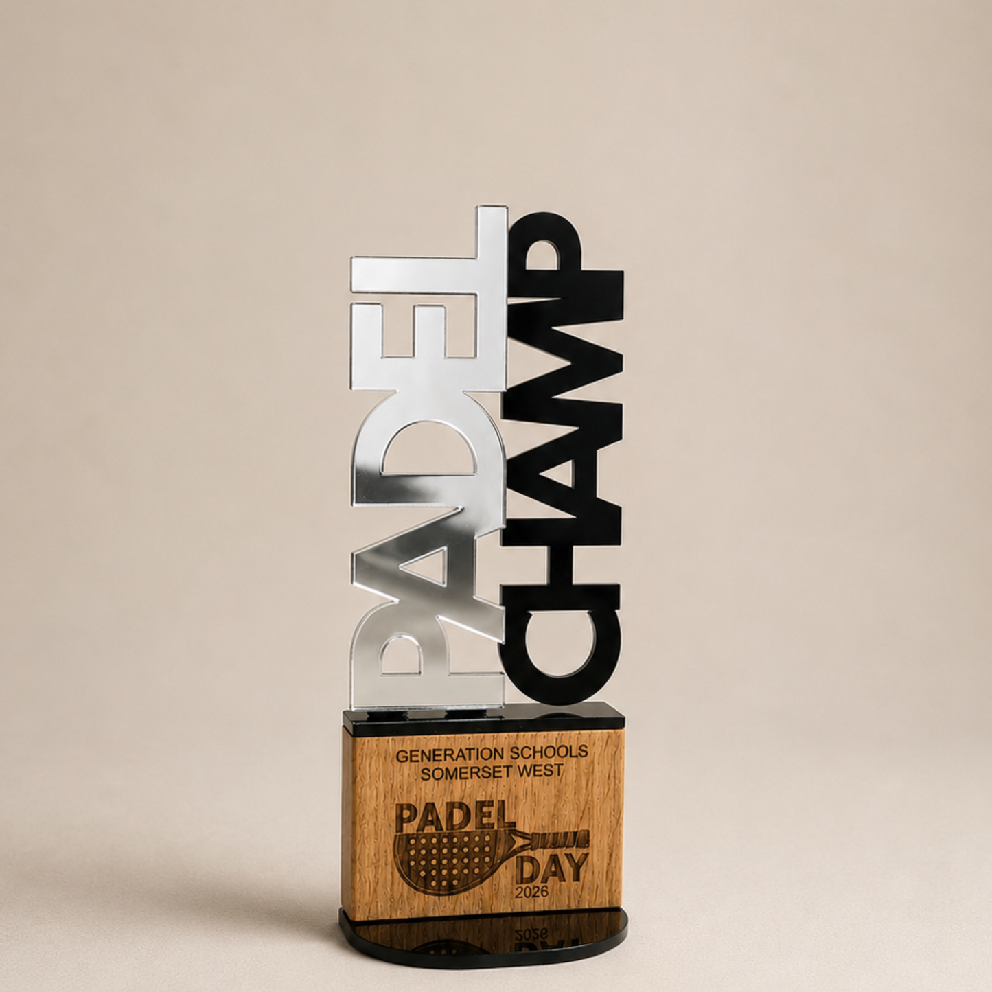 Small personalised Padel CHAMP trophy in mirror silver and black acrylic with engraved wooden base