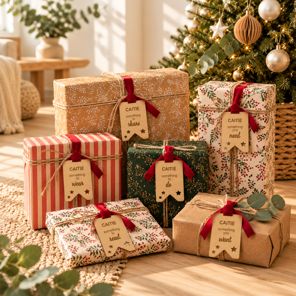 Six personalised wooden Christmas gift tags engraved with name, featuring star cutouts and red velvet ribbons, displayed on wrapped presents beneath a Christmas tree.