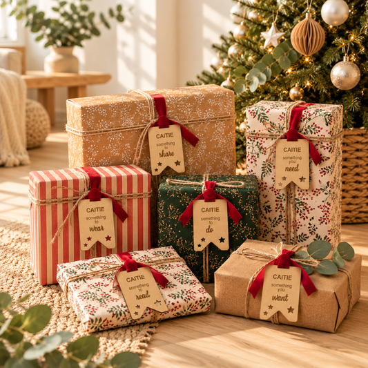 Six personalised wooden Christmas gift tags engraved with name, featuring star cutouts and red velvet ribbons, displayed on wrapped presents beneath a Christmas tree.