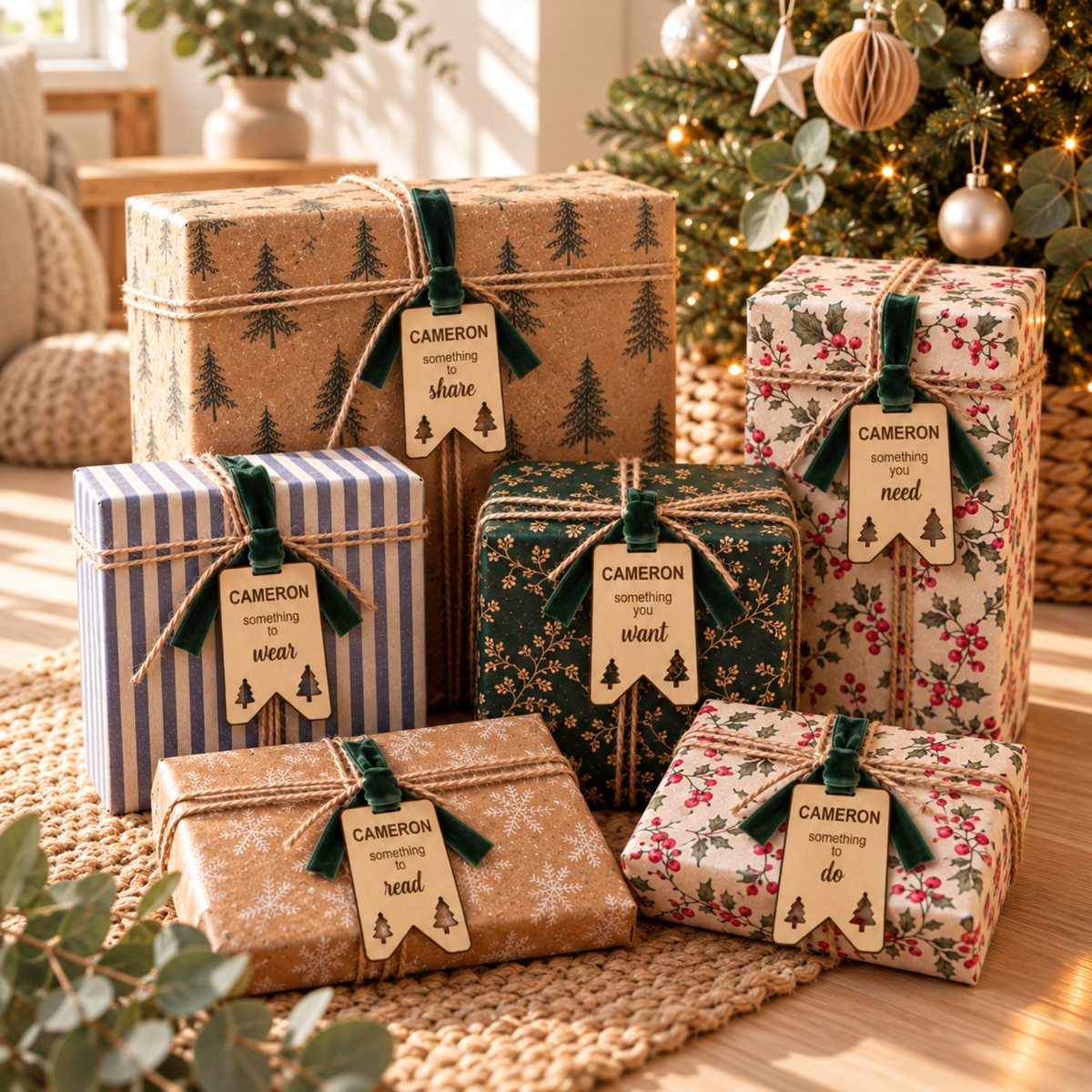 Six personalised wooden Christmas gift tags engraved with name, featuring Christmas tree cutouts and green velvet ribbons, displayed on wrapped presents in a festive setting.