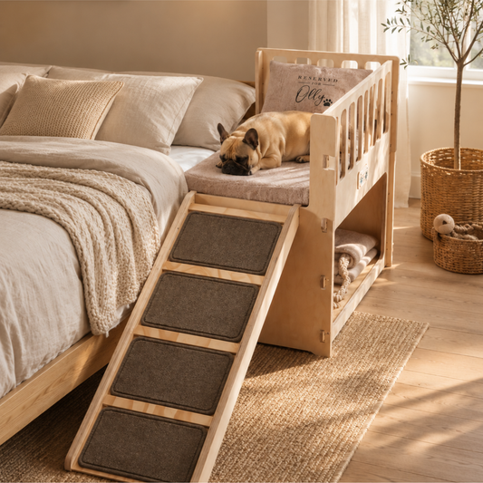Bedside dog bed with ramp for small to medium dogs beside a bed