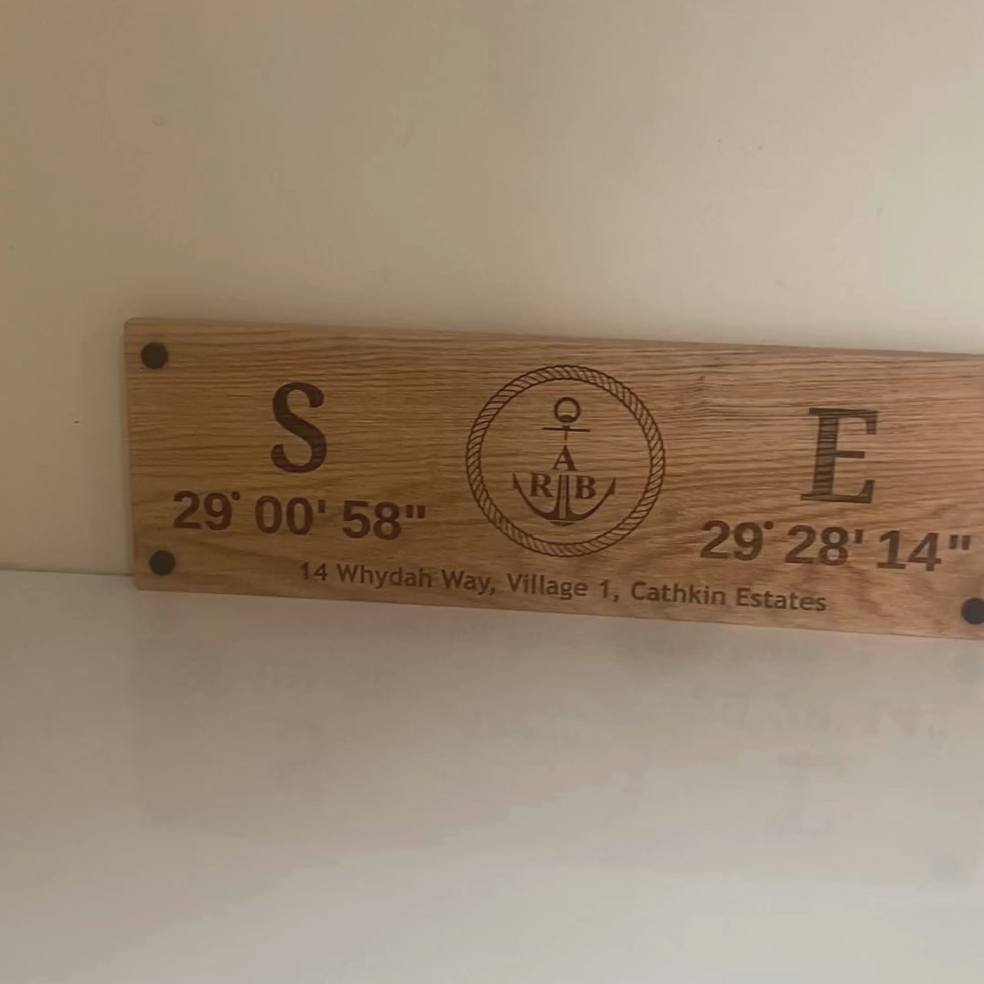 Personalised oak coordinates wall sign with custom GPS coordinates, logo and address engraving