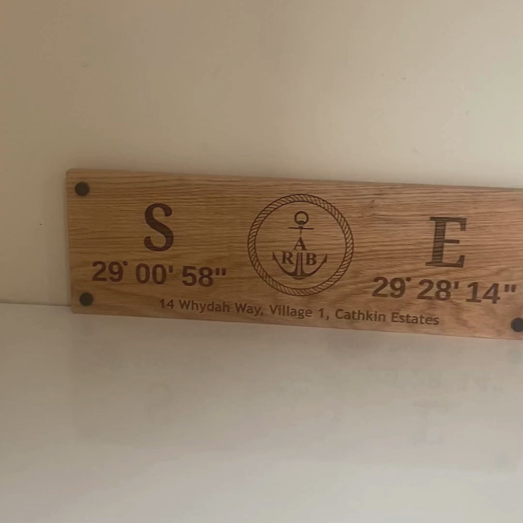 Personalised oak coordinates wall sign with custom GPS coordinates, logo and address engraving