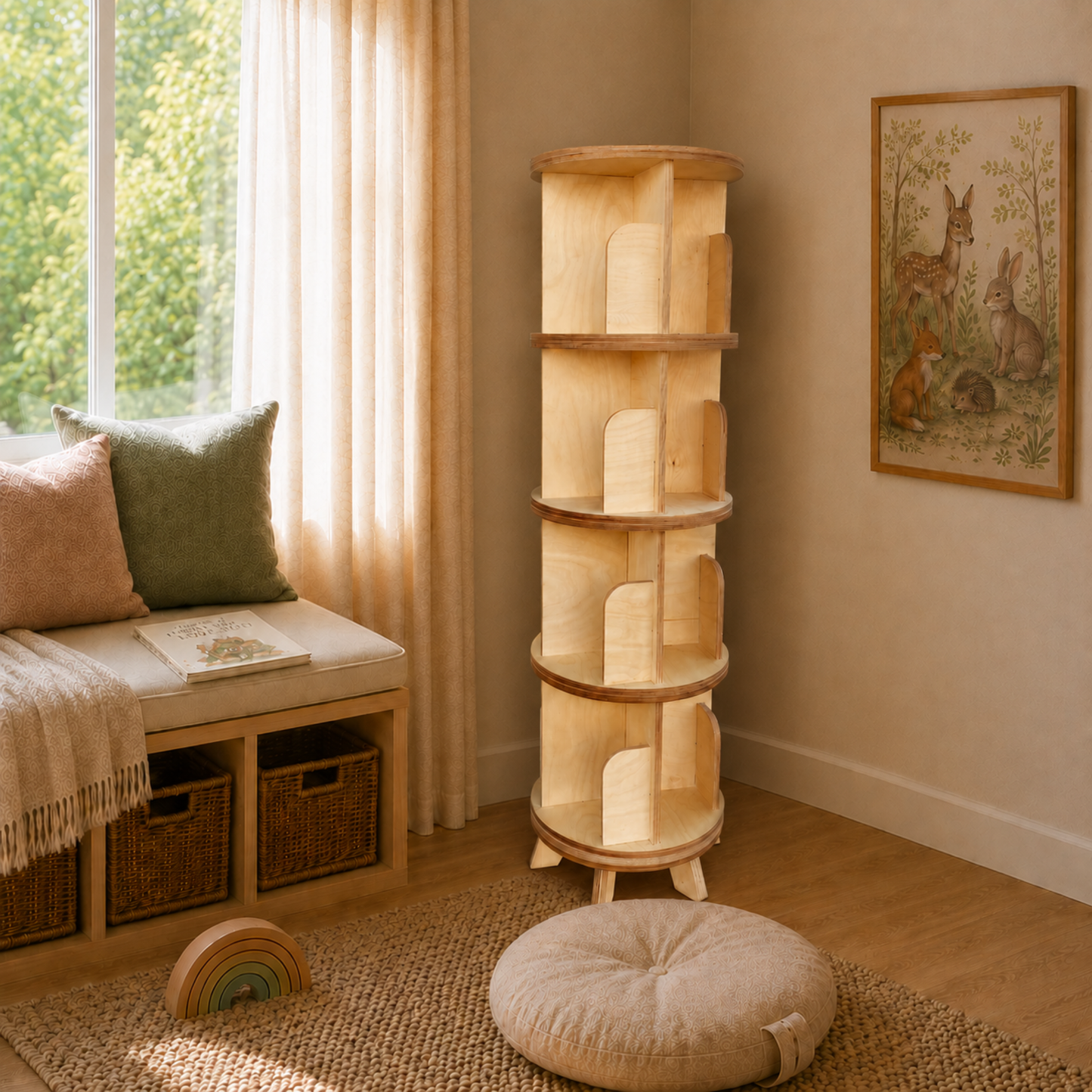 4-tier revolving birch plywood bookshelf in a children's reading corner and playroom