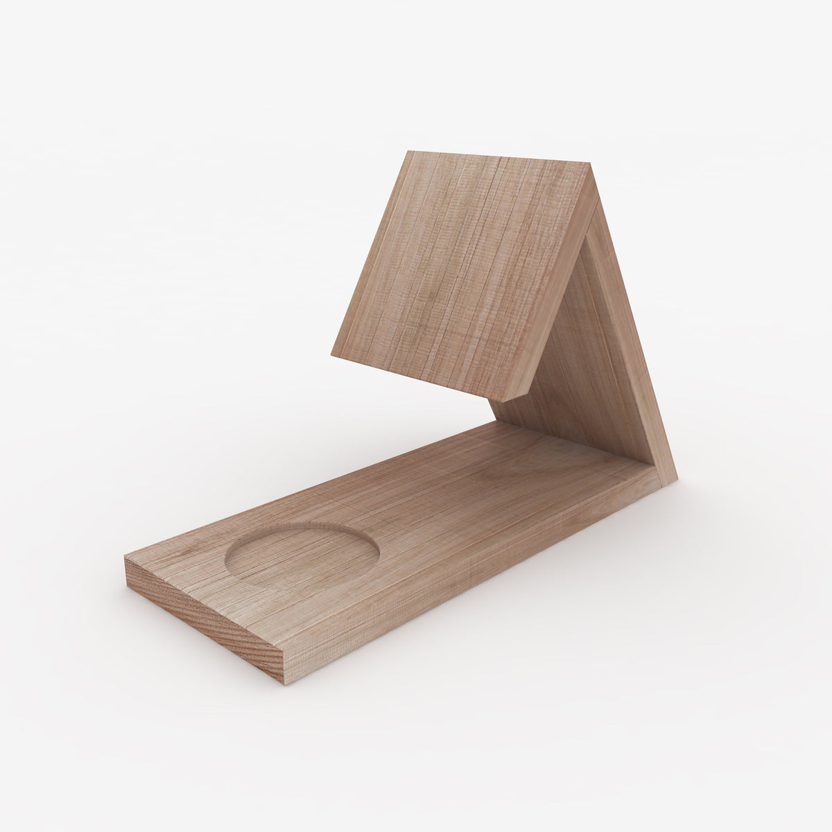 Side view of large wooden book rest showing angled book support and base