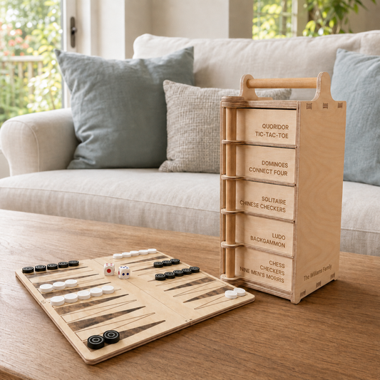 Personalised wooden Games Tower with backgammon board, counters and dice