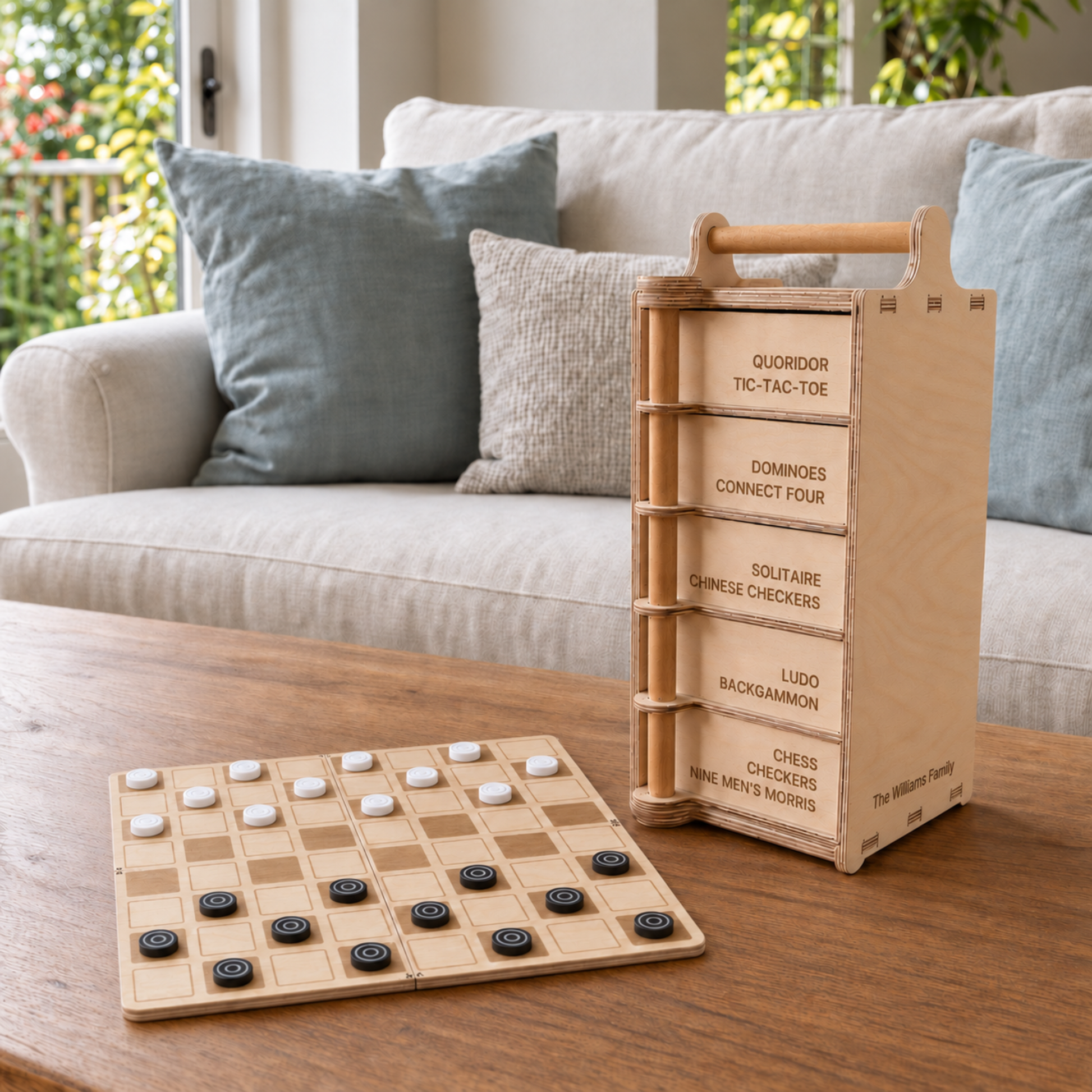 Wooden Checkers board with black and white counters beside the Games Tower