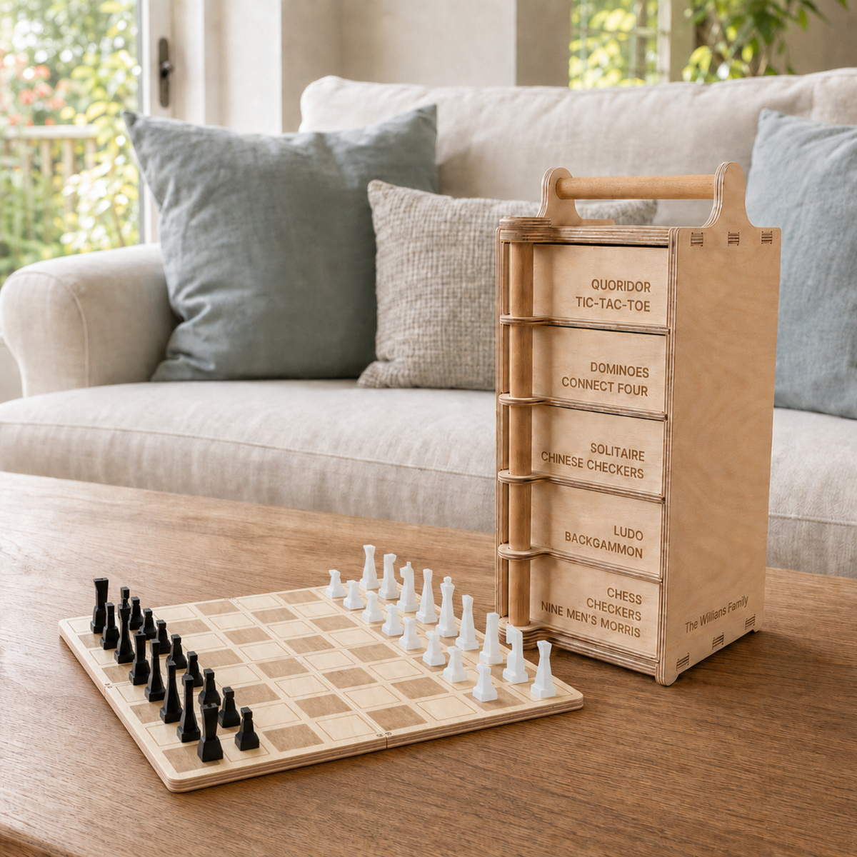 Wooden chessboard and pieces beside the personalised Games Tower