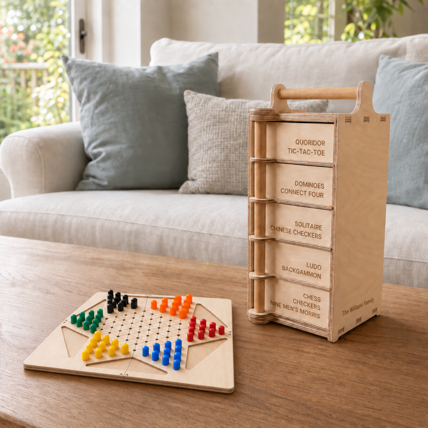 Wooden Chinese Checkers board with six sets of colourful playing pieces