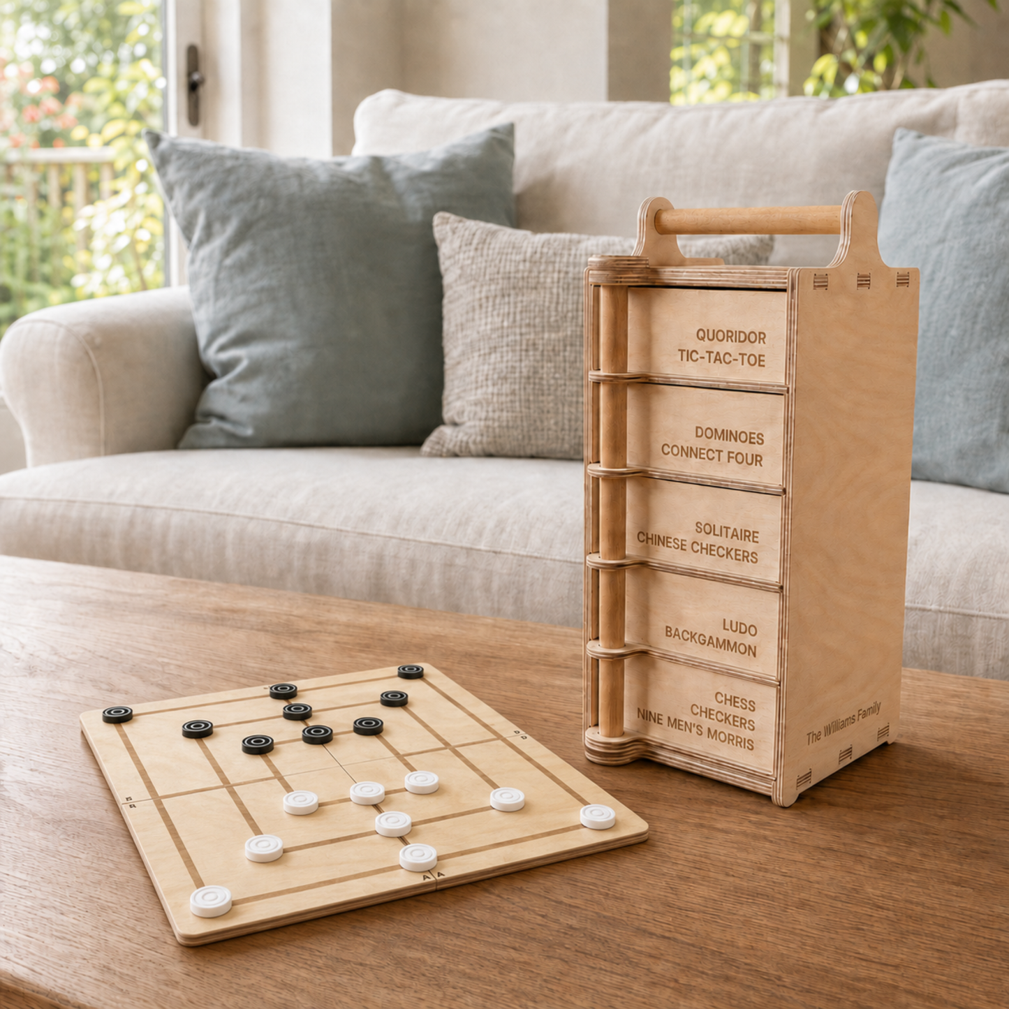 Wooden Nine Men’s Morris board with black and white counters