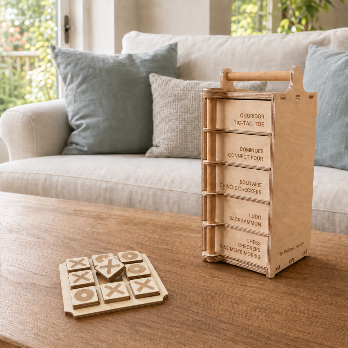 Wooden Tic Tac Toe board with removable crosses and circles
